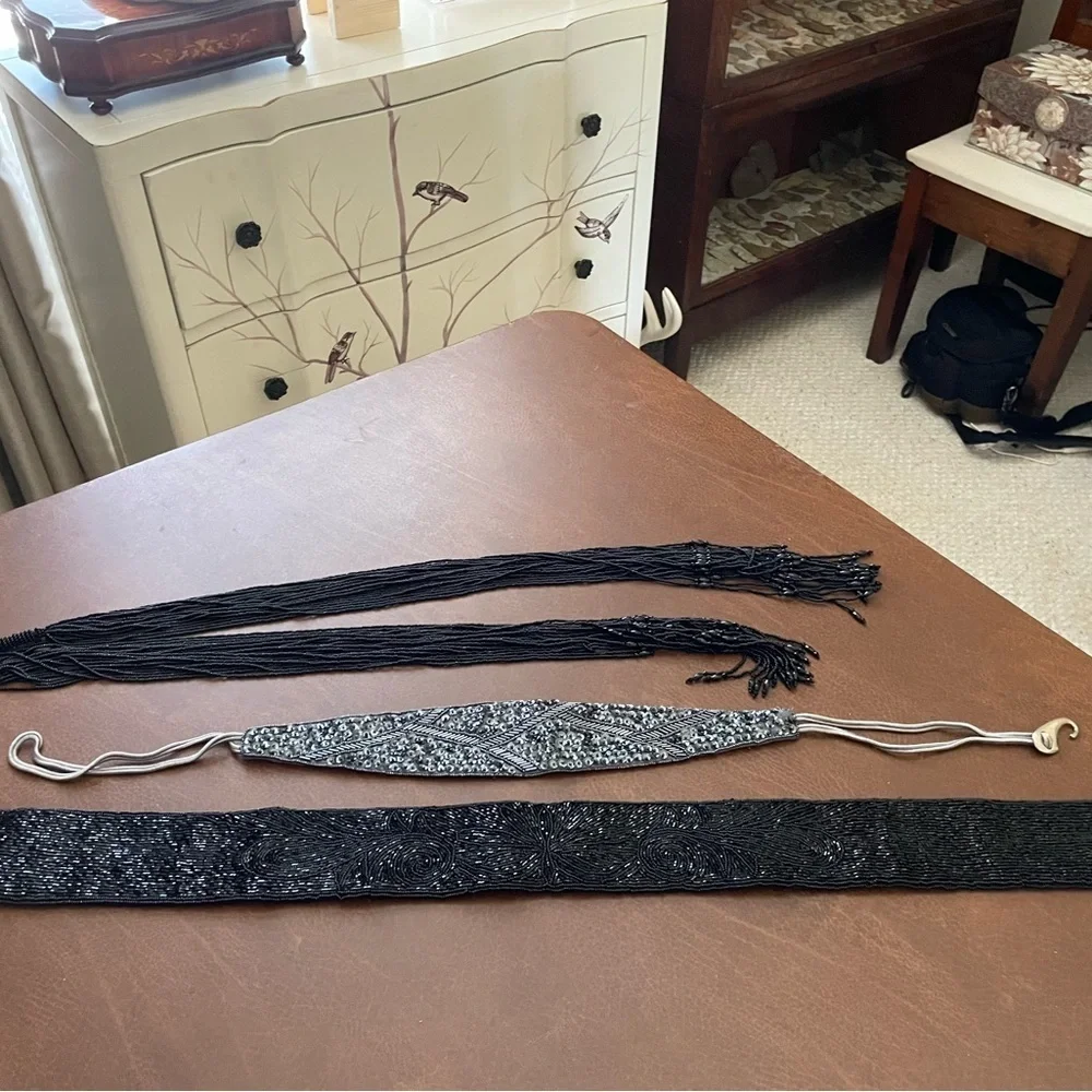3 Elegant Black and Silver Women's Belts, Beaded & Sequined.